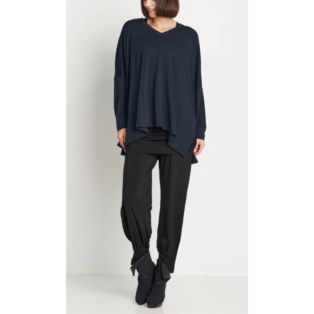 Planet By Lauren G Matte Jersey NU V Neck Top Long Sleeve Midnight Blue One Size